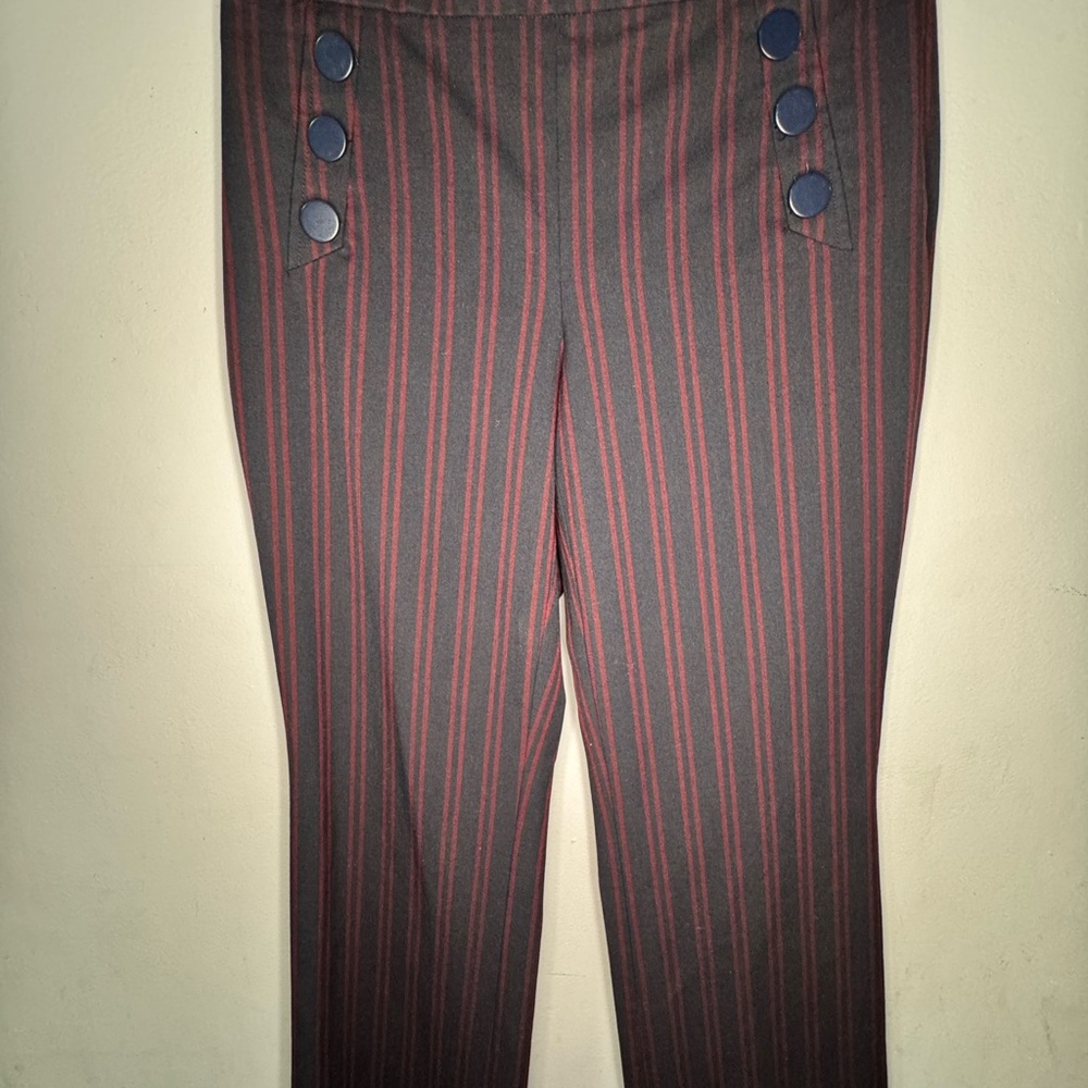 LOFT Black and Red Striped Pants with Button Accent